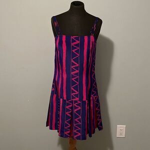 Vintage Women's Pink & Blue Striped Zigzag Spaghetti Strap Pleated Dress